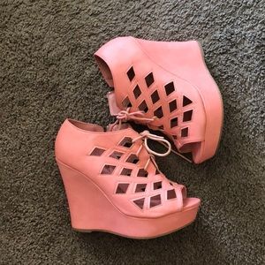 Pink lace up wedges